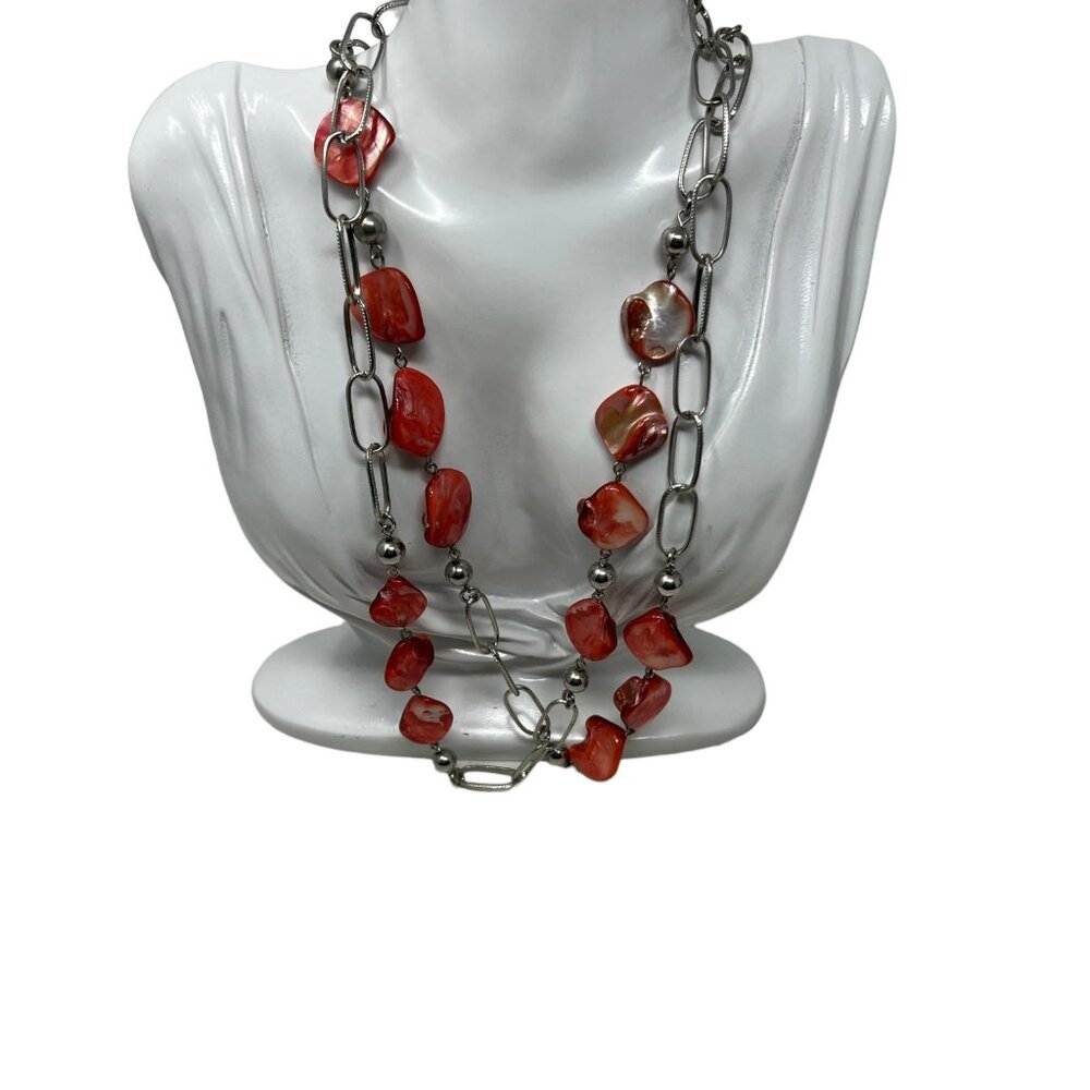 Boho Necklace Pink Dyed Shell with Silver Tone Links and Beads 48 inch